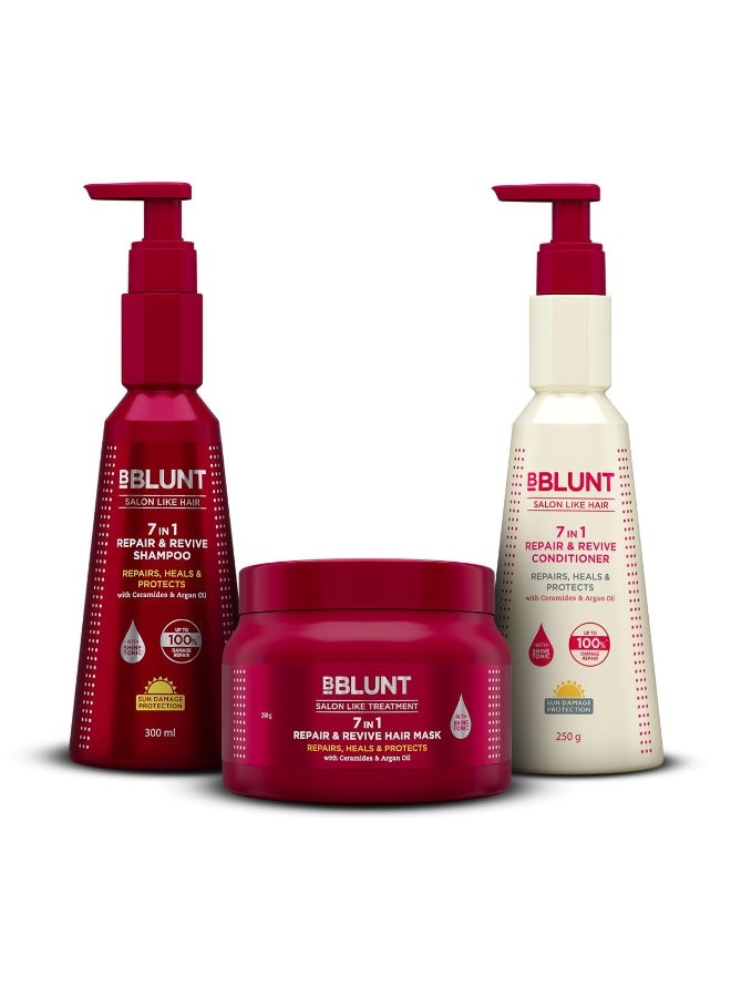 بي بلانت مجموعة بي بلانت 7 في 1 لإصلاح وتجديد الشعر | شامبو + بلسم + ماسك للشعر | يعالج 7 علامات لتلف الشعر | غني بالسيراميدات وزيت الأرغان | للرجال والنساء | 300 مل + 250 غ + 250 غ - Image 1